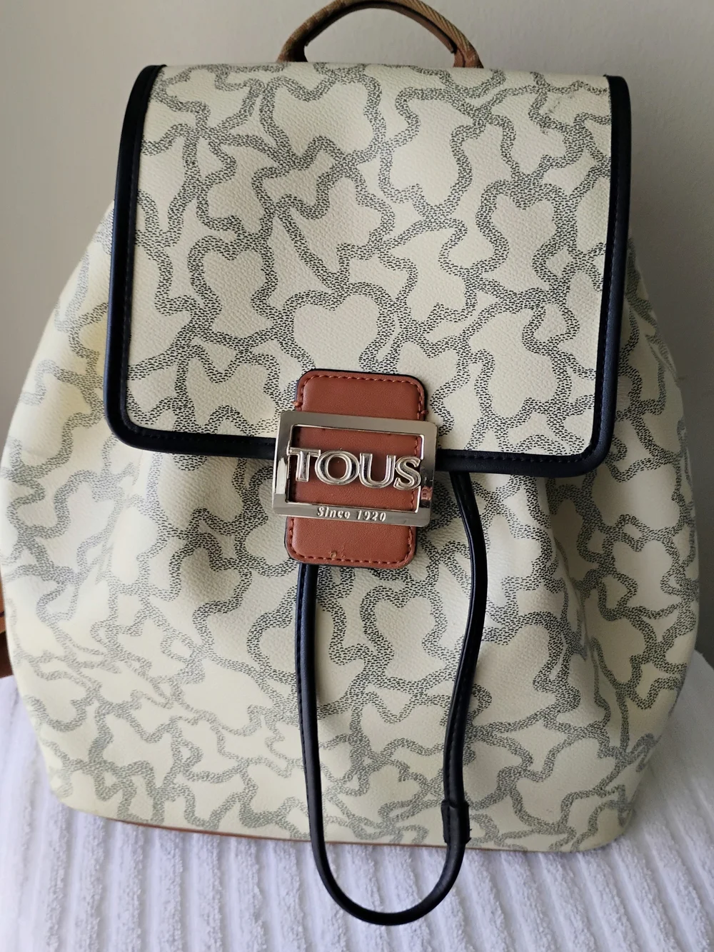 TOUS Cream and Black Patterned Backpack with Brown Accent